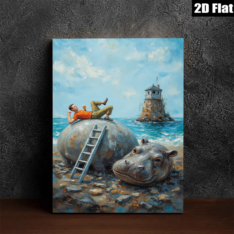2D flat 1pc whimsical hippo beach daydream coastal wall art for living room bedroom office decor farmhouse style modern art
