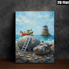 2D flat 1pc whimsical hippo beach daydream coastal wall art for living room bedroom office decor farmhouse style modern art