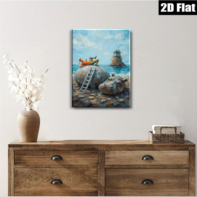 2D flat 1pc whimsical hippo beach daydream coastal wall art for living room bedroom office decor farmhouse style modern art