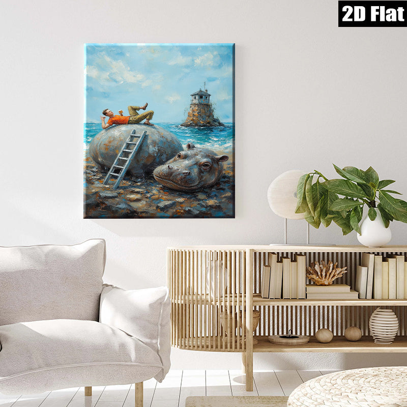 2D flat 1pc whimsical hippo beach daydream coastal wall art for living room bedroom office decor farmhouse style modern art