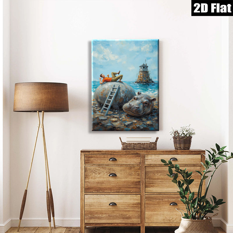 2D flat 1pc whimsical hippo beach daydream coastal wall art for living room bedroom office decor farmhouse style modern art