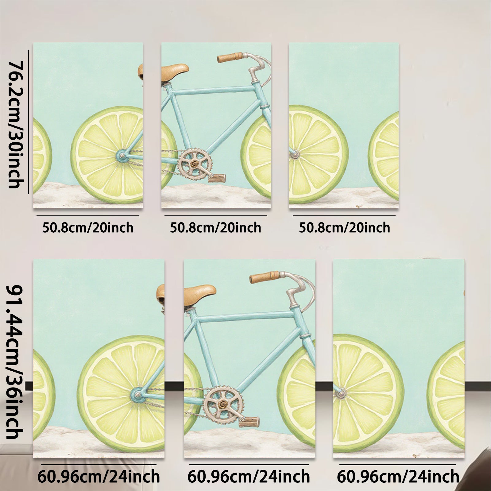 2D flat 1pc whimsical lime bicycle wall art for kitchen dining room modern farmhouse decor gallery wrapped canvas prints botanical illustration