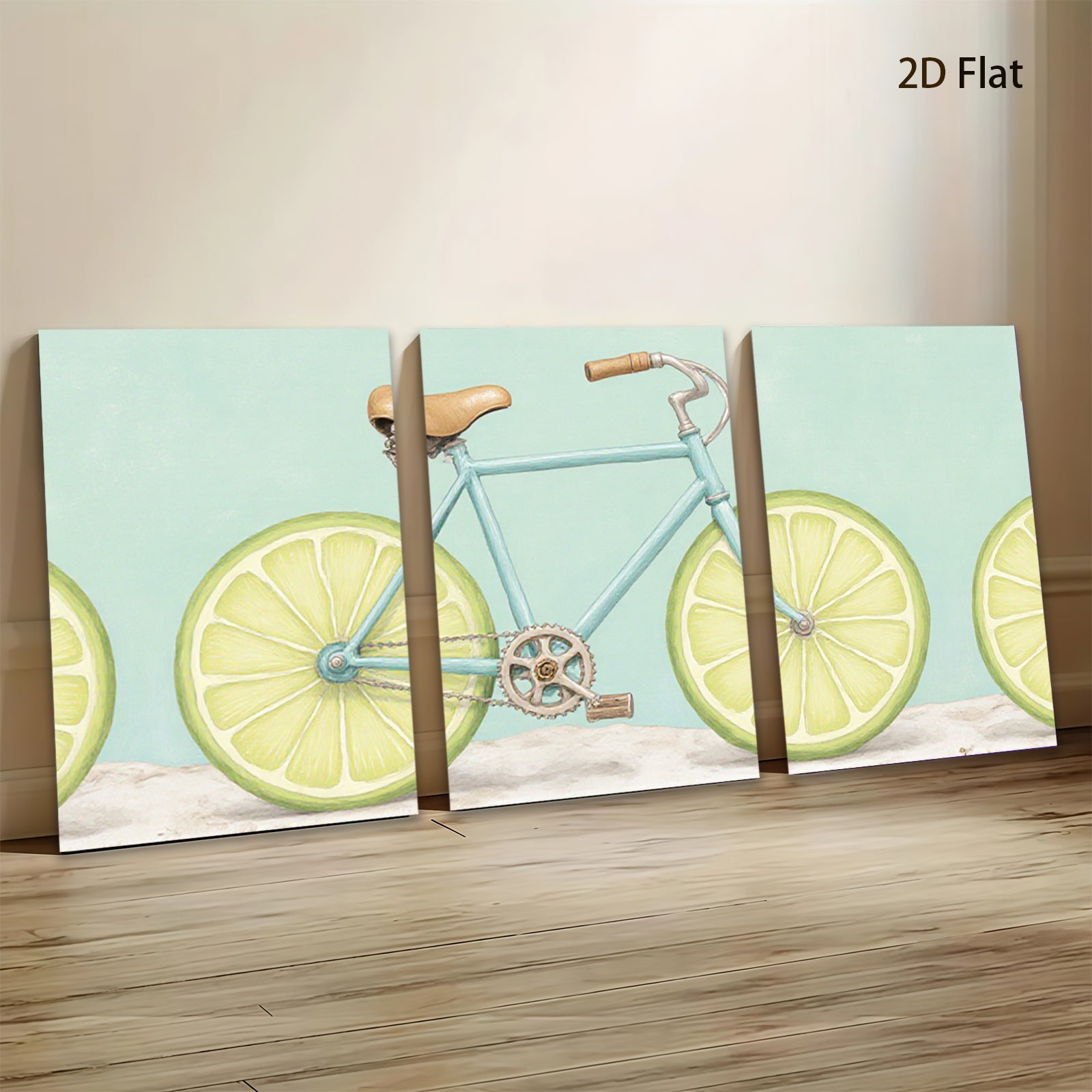 2D flat 1pc whimsical lime bicycle wall art for kitchen dining room modern farmhouse decor gallery wrapped canvas prints botanical illustration
