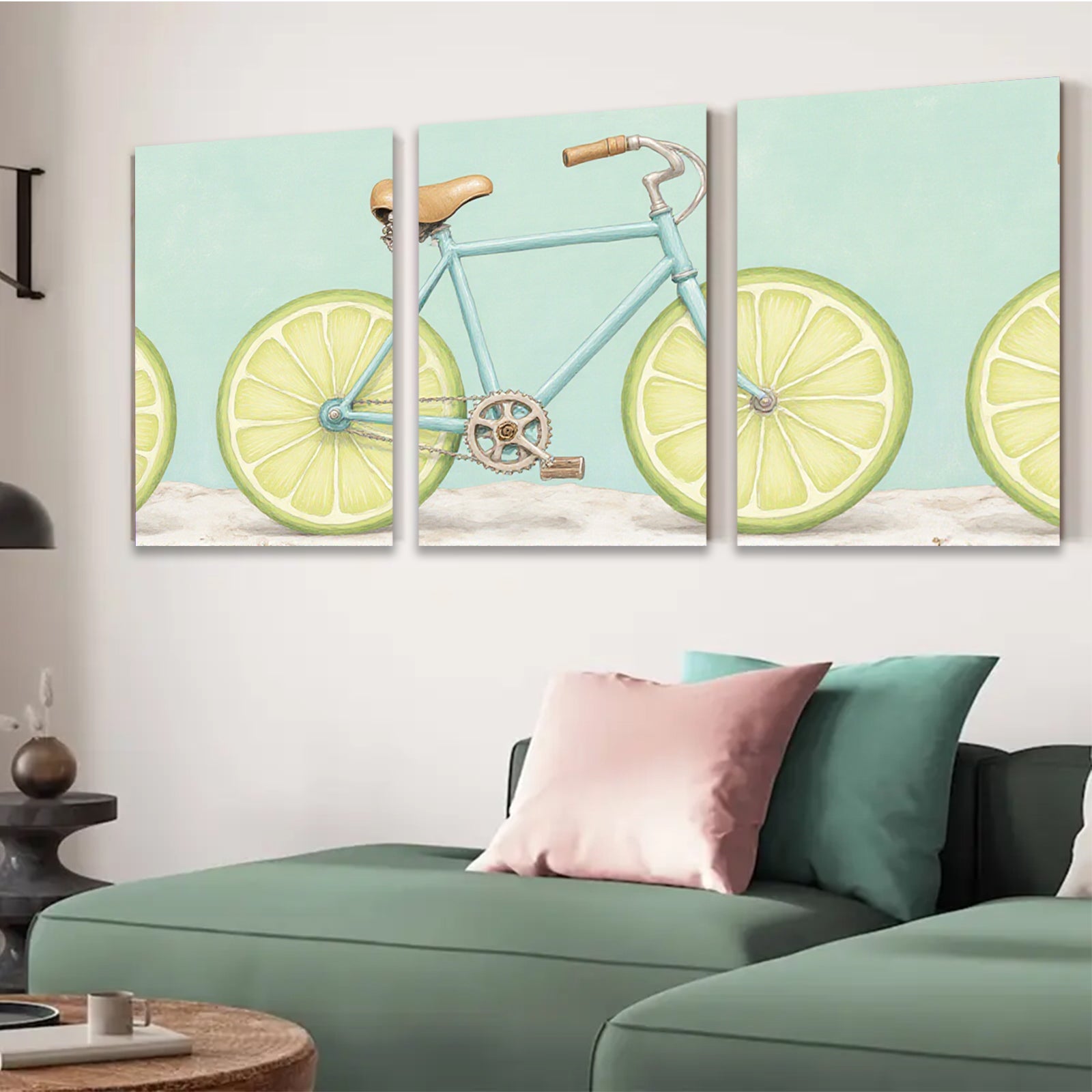 2D flat 1pc whimsical lime bicycle wall art for kitchen dining room modern farmhouse decor gallery wrapped canvas prints botanical illustration