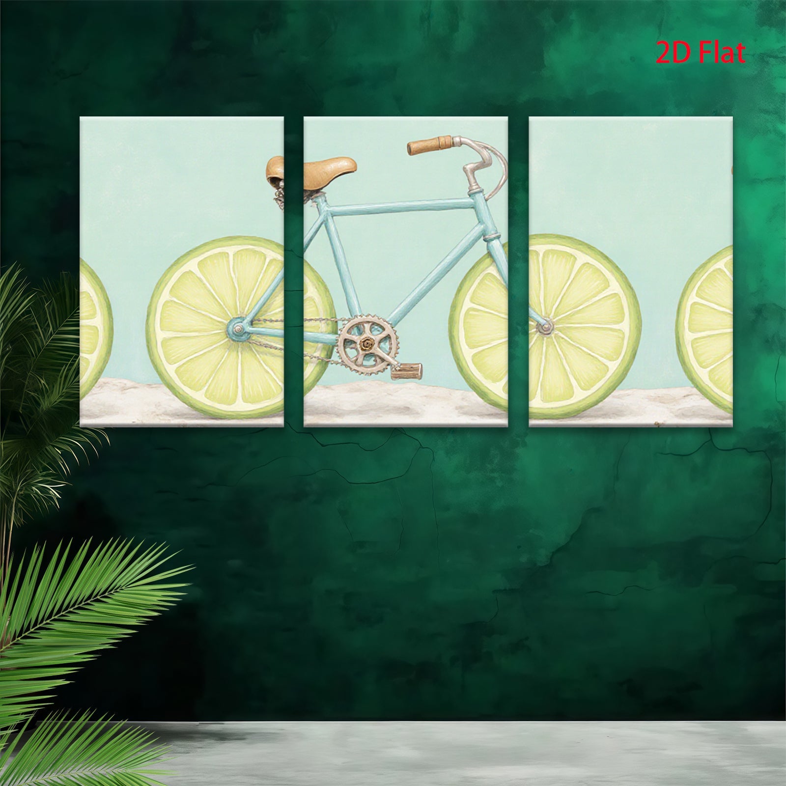 2D flat 1pc whimsical lime bicycle wall art for kitchen dining room modern farmhouse decor gallery wrapped canvas prints botanical illustration