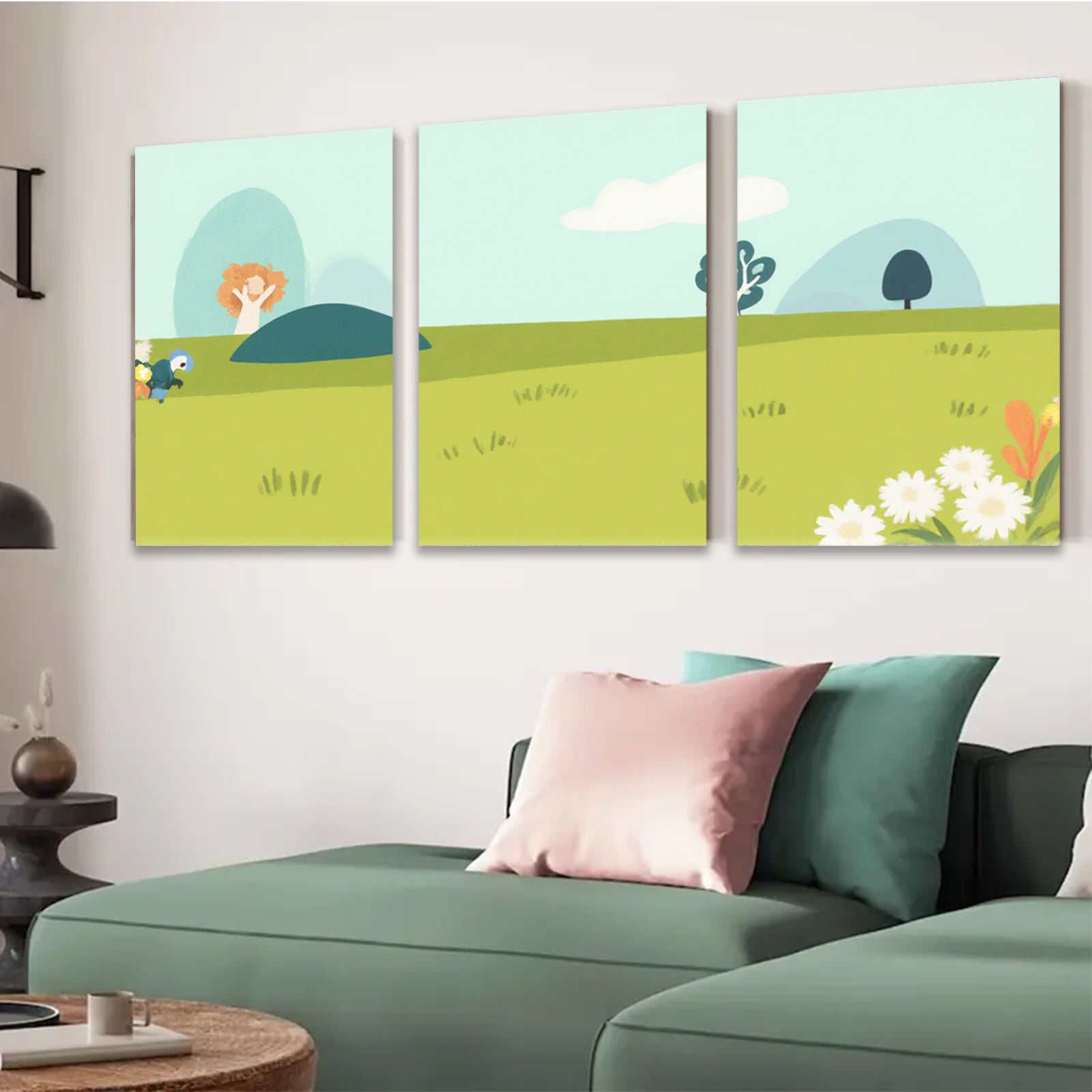 2D flat 1pc whimsical meadow landscape wall art for living room bedroom nursery decor farmhouse style botanical prints cozy vibes gallery wrapped canvas
