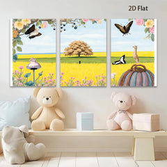 2D flat 1pc whimsical meadow scene with butterflies vibrant florals farmhouse wall decor living room bedroom gallery wrapped canvas prints