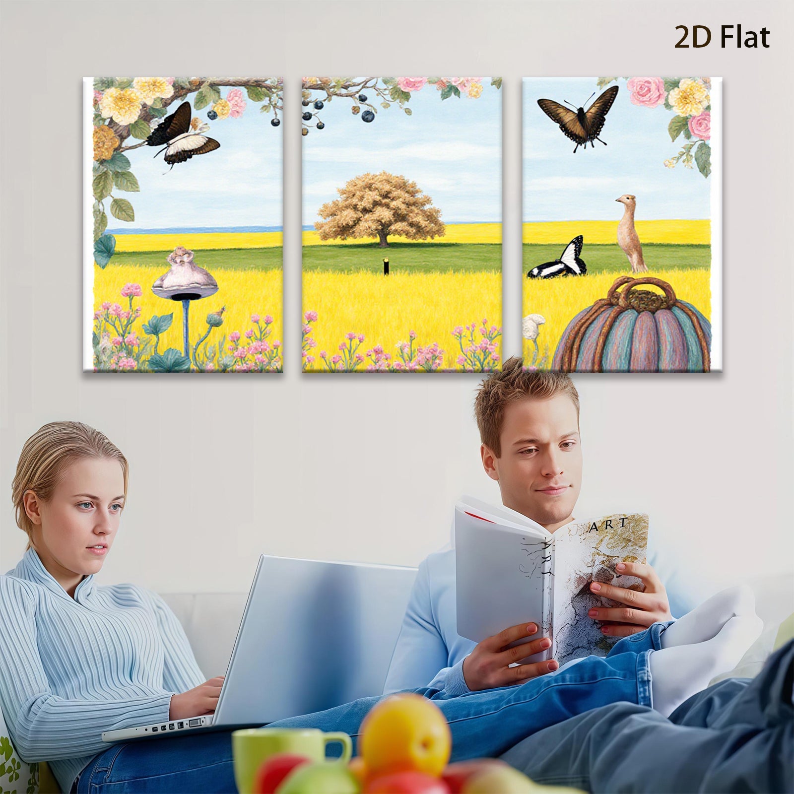 2D flat 1pc whimsical meadow scene with butterflies vibrant florals farmhouse wall decor living room bedroom gallery wrapped canvas prints