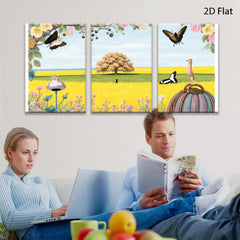 2D flat 1pc whimsical meadow scene with butterflies vibrant florals farmhouse wall decor living room bedroom gallery wrapped canvas prints