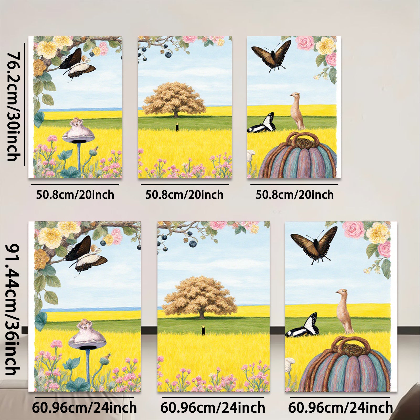 2D flat 1pc whimsical meadow scene with butterflies vibrant florals farmhouse wall decor living room bedroom gallery wrapped canvas prints