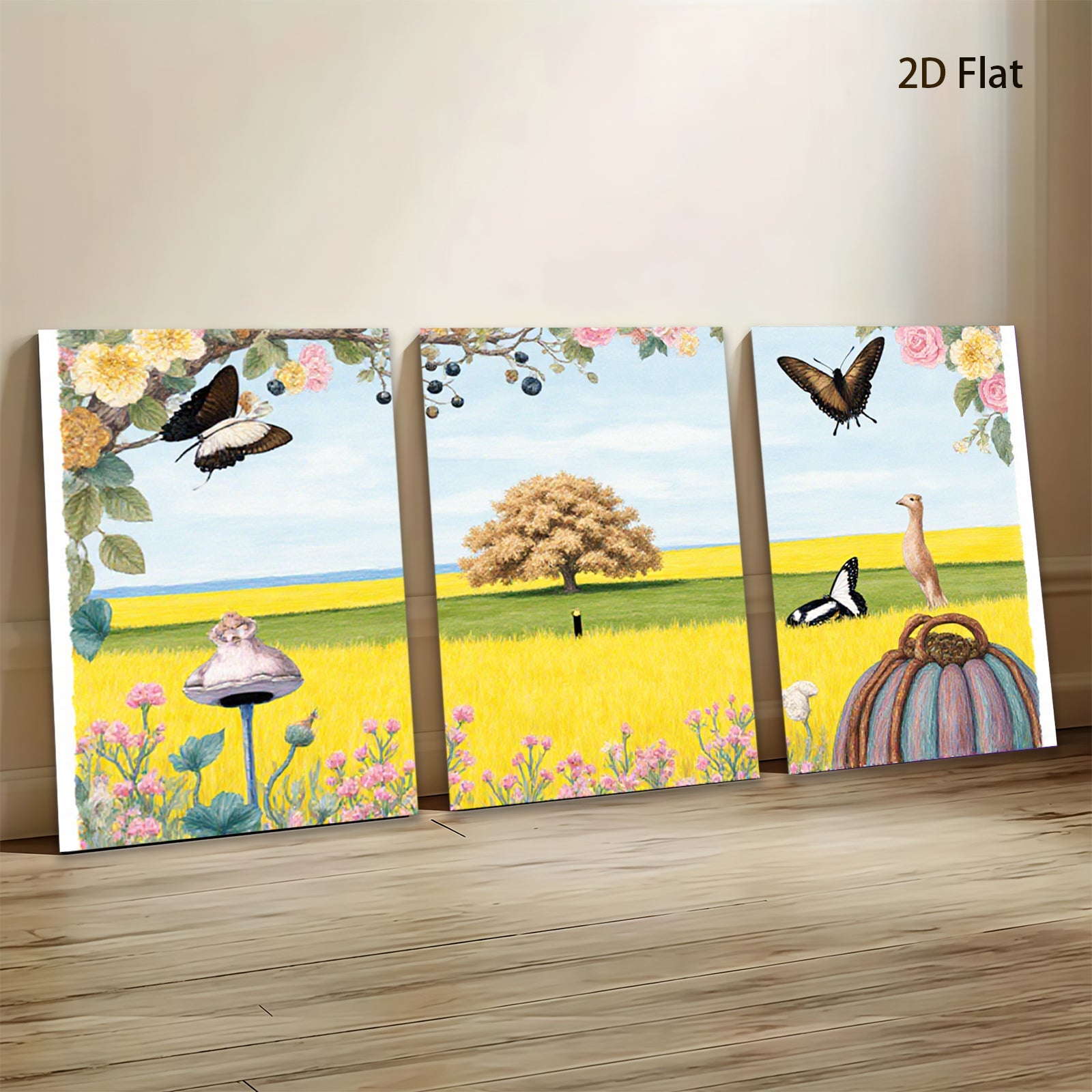 2D flat 1pc whimsical meadow scene with butterflies vibrant florals farmhouse wall decor living room bedroom gallery wrapped canvas prints