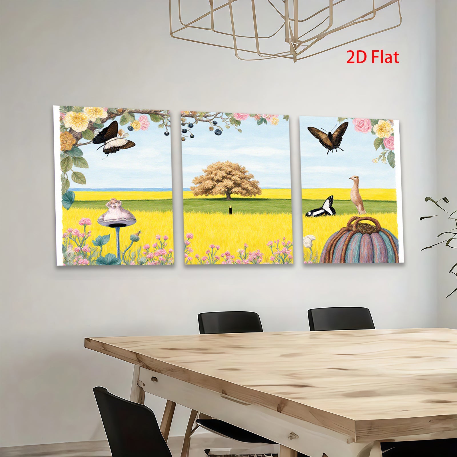 2D flat 1pc whimsical meadow scene with butterflies vibrant florals farmhouse wall decor living room bedroom gallery wrapped canvas prints