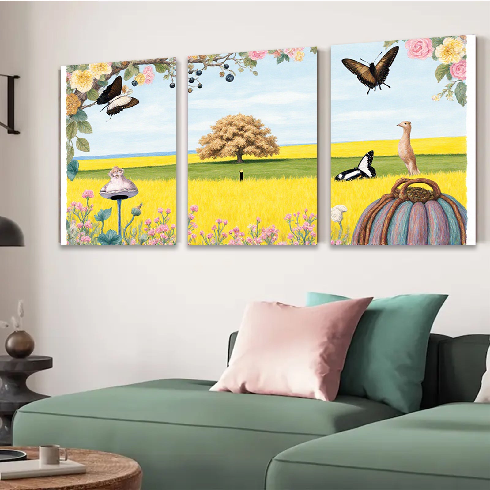 2D flat 1pc whimsical meadow scene with butterflies vibrant florals farmhouse wall decor living room bedroom gallery wrapped canvas prints