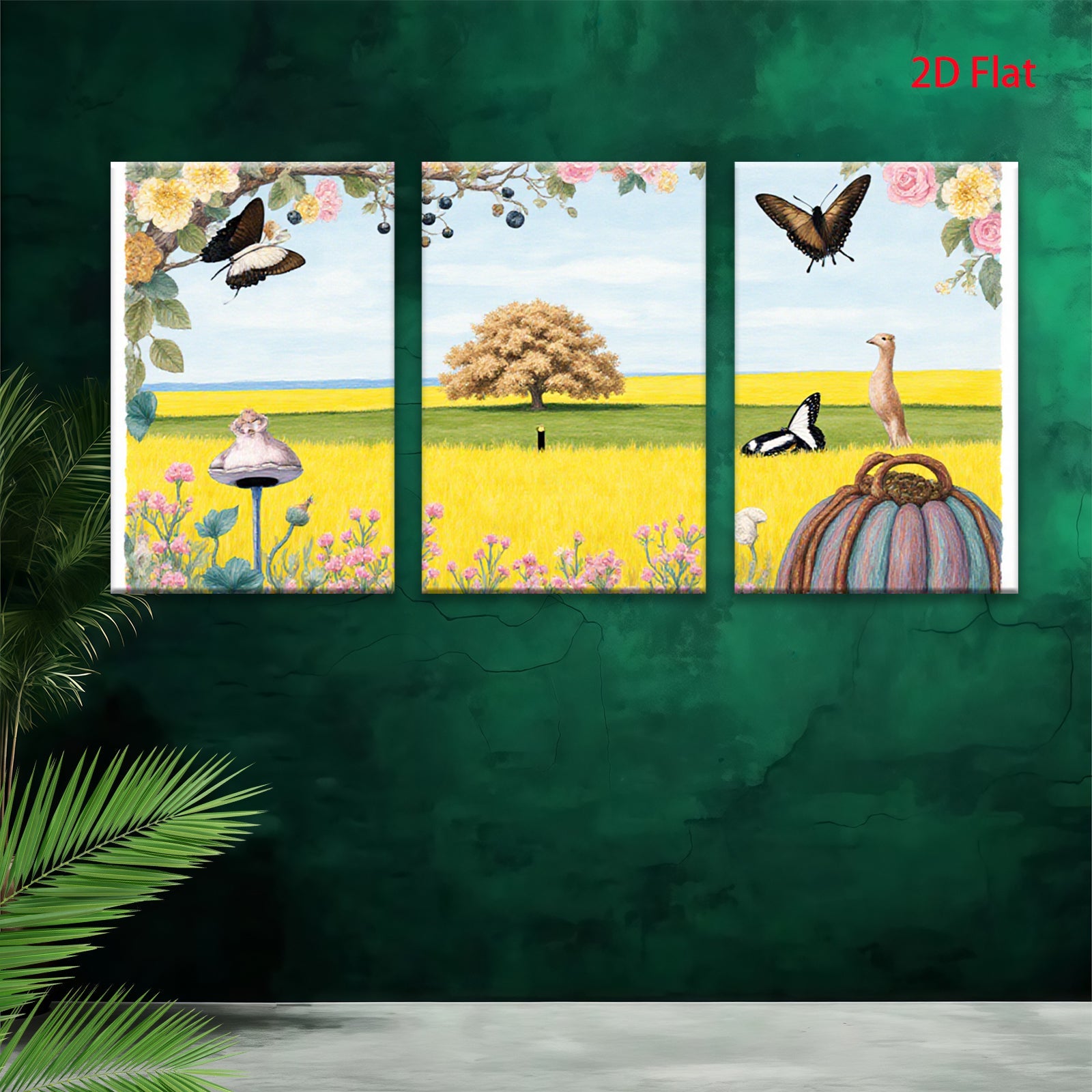 2D flat 1pc whimsical meadow scene with butterflies vibrant florals farmhouse wall decor living room bedroom gallery wrapped canvas prints
