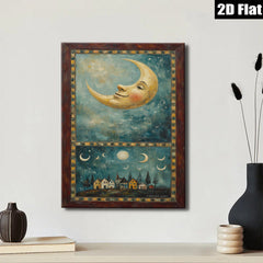 2D flat 1pc whimsical moonlit village landscape painting for cozy farmhouse bedroom living room wall decor gallery wrapped canvas prints