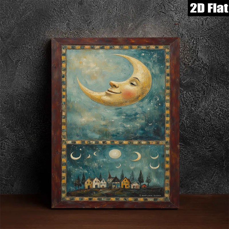 2D flat 1pc whimsical moonlit village landscape painting for cozy farmhouse bedroom living room wall decor gallery wrapped canvas prints