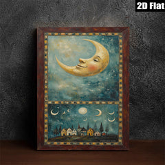 2D flat 1pc whimsical moonlit village landscape painting for cozy farmhouse bedroom living room wall decor gallery wrapped canvas prints