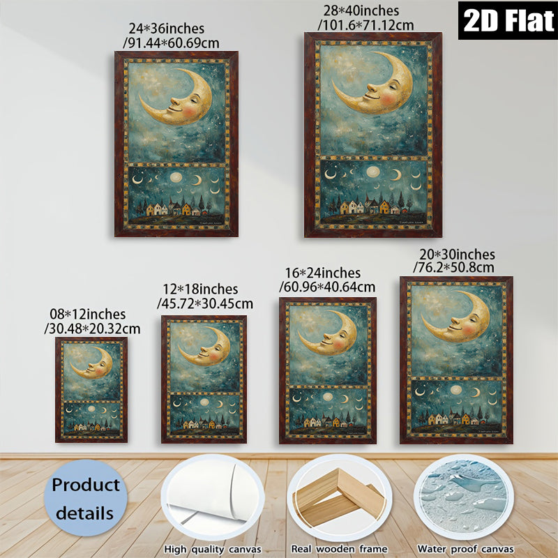 2D flat 1pc whimsical moonlit village landscape painting for cozy farmhouse bedroom living room wall decor gallery wrapped canvas prints