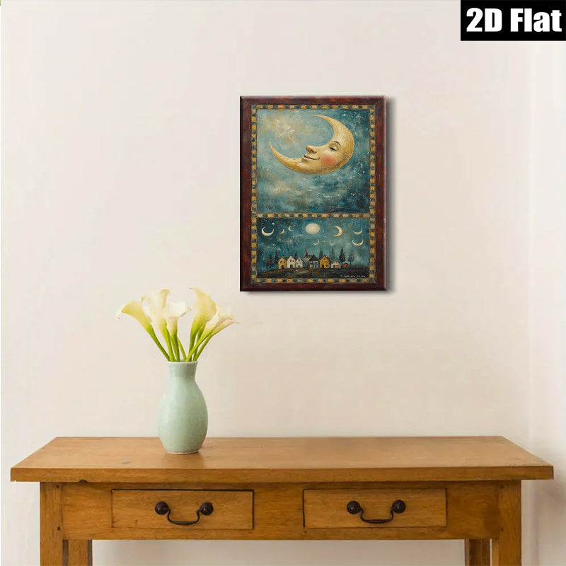 2D flat 1pc whimsical moonlit village landscape painting for cozy farmhouse bedroom living room wall decor gallery wrapped canvas prints