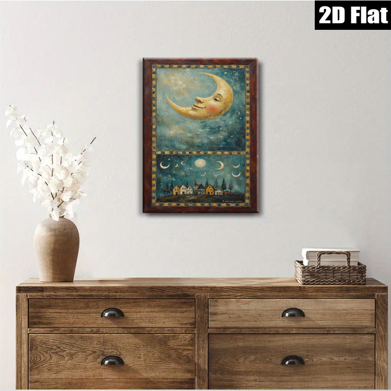 2D flat 1pc whimsical moonlit village landscape painting for cozy farmhouse bedroom living room wall decor gallery wrapped canvas prints