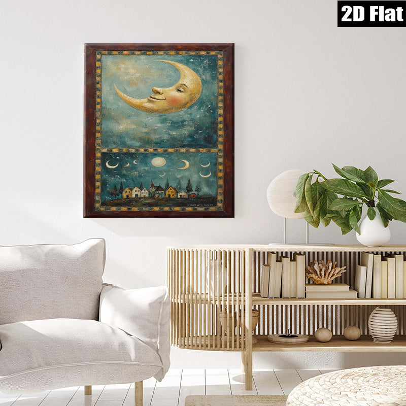 2D flat 1pc whimsical moonlit village landscape painting for cozy farmhouse bedroom living room wall decor gallery wrapped canvas prints