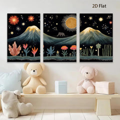 2D flat 1pc whimsical mountain landscape botanical wall art bedroom living room gallery wrapped canvas modern farmhouse decor