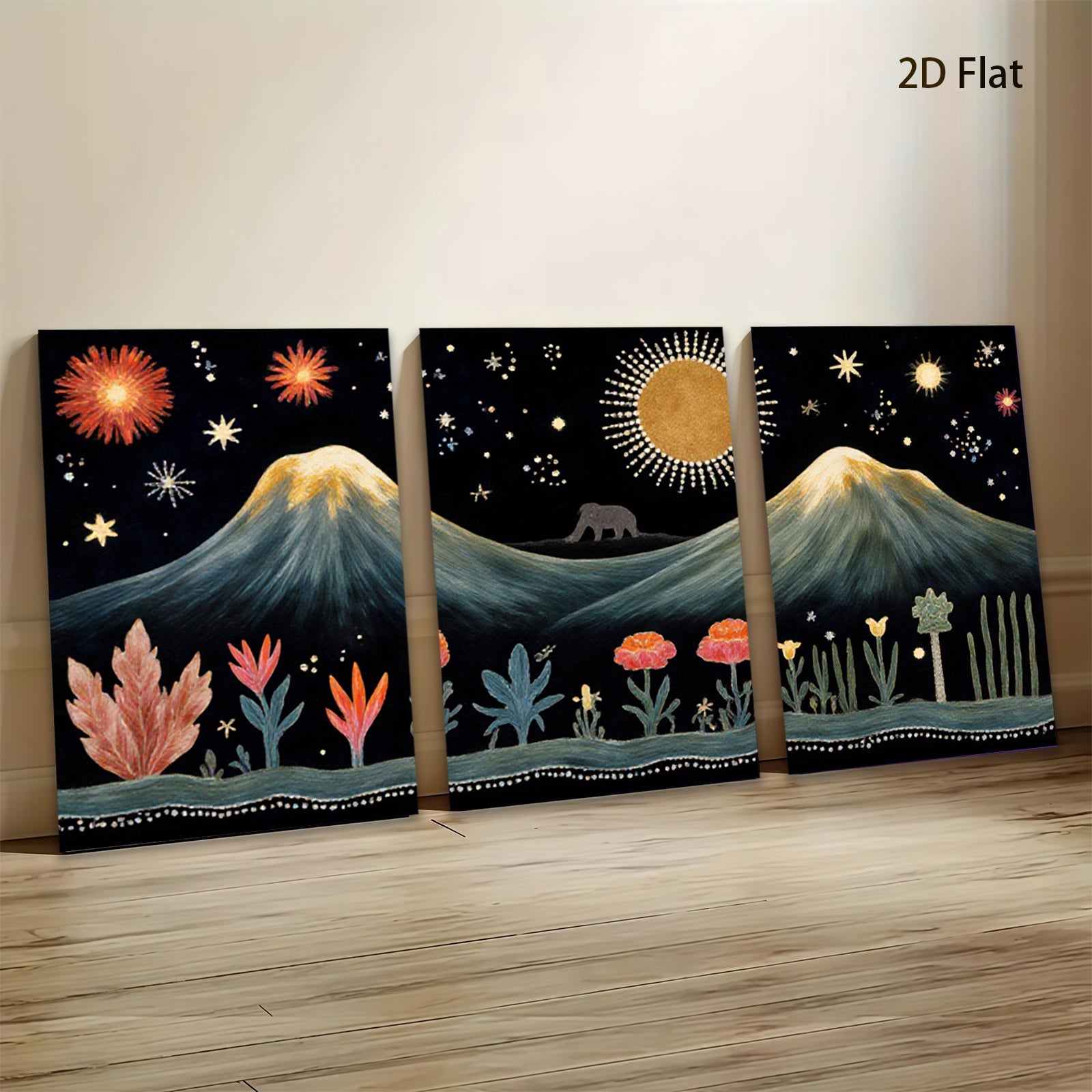 2D flat 1pc whimsical mountain landscape botanical wall art bedroom living room gallery wrapped canvas modern farmhouse decor
