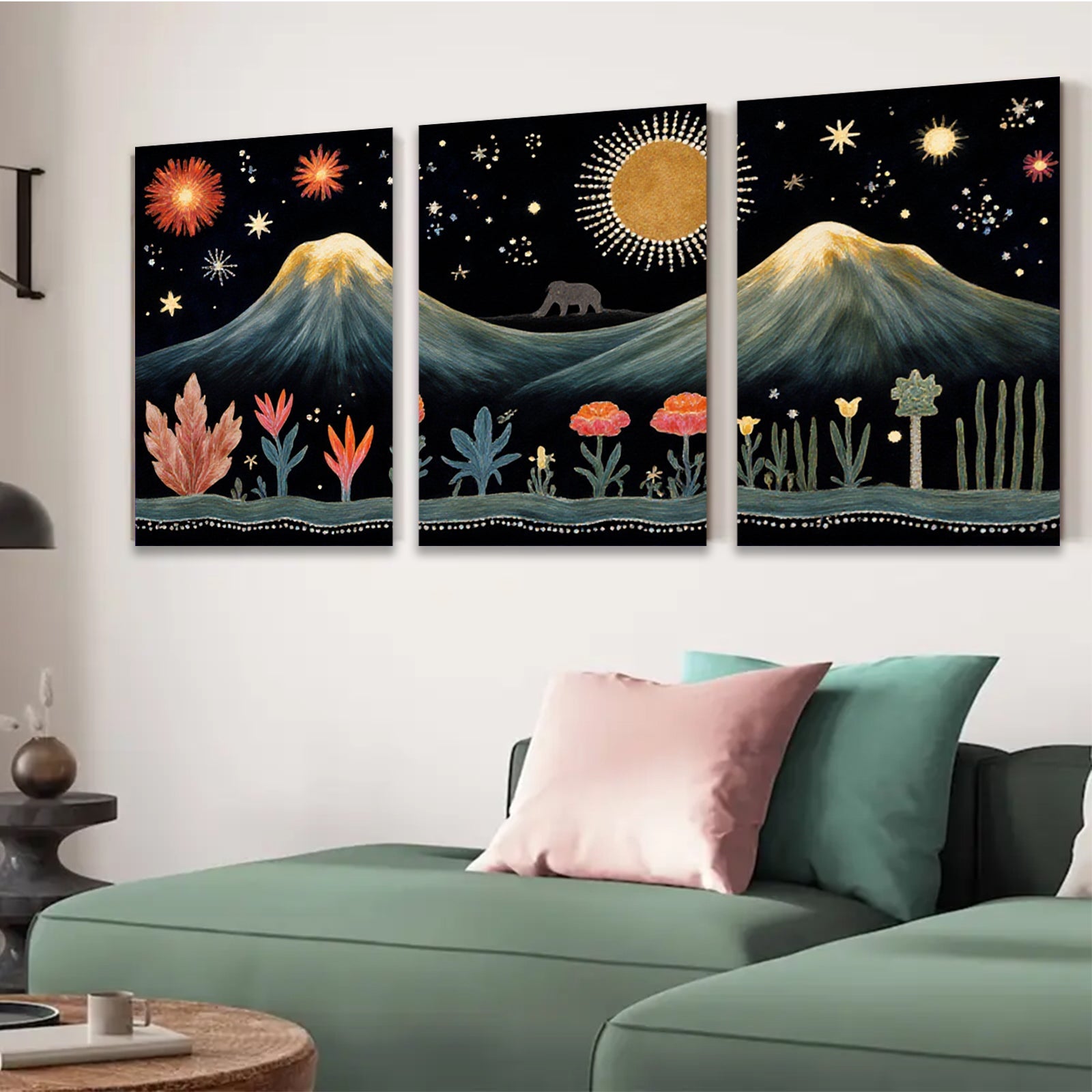 2D flat 1pc whimsical mountain landscape botanical wall art bedroom living room gallery wrapped canvas modern farmhouse decor