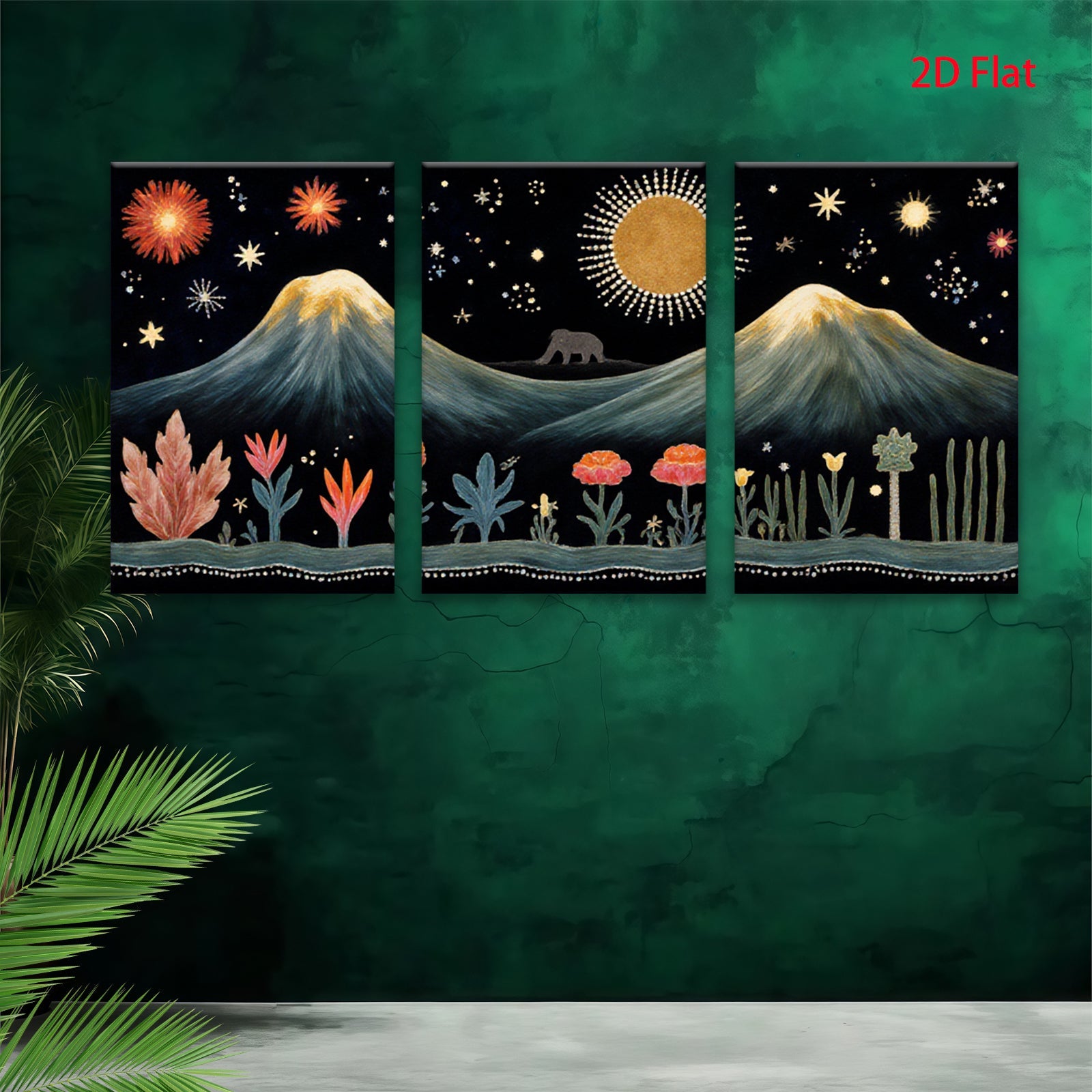 2D flat 1pc whimsical mountain landscape botanical wall art bedroom living room gallery wrapped canvas modern farmhouse decor