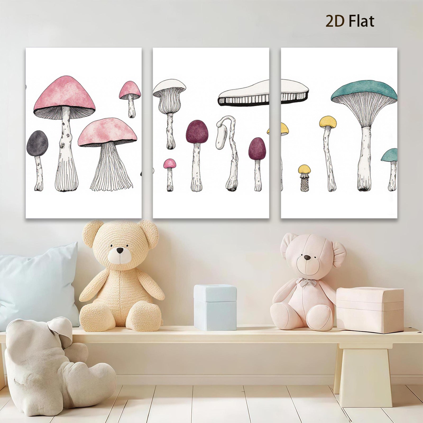 2D flat 1pc whimsical mushroom botanical wall art prints for living room bedroom gallery wrapped canvas farmhouse decor modern minimalist aesthetic