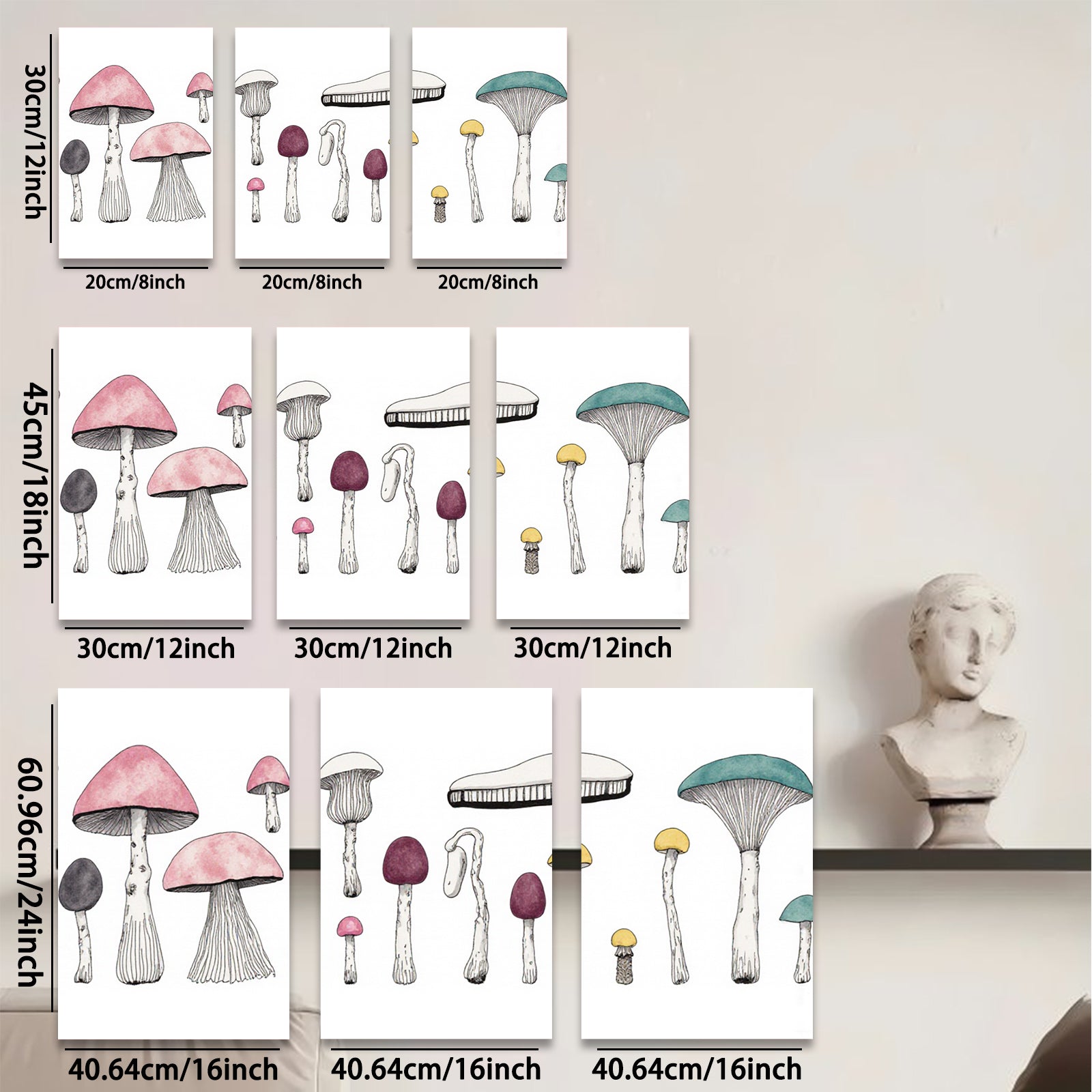 2D flat 1pc whimsical mushroom botanical wall art prints for living room bedroom gallery wrapped canvas farmhouse decor modern minimalist aesthetic