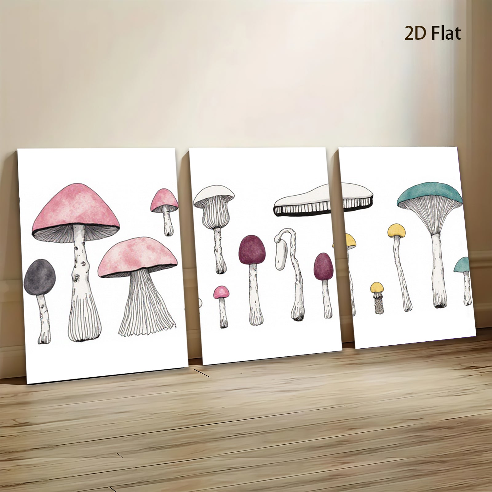 2D flat 1pc whimsical mushroom botanical wall art prints for living room bedroom gallery wrapped canvas farmhouse decor modern minimalist aesthetic