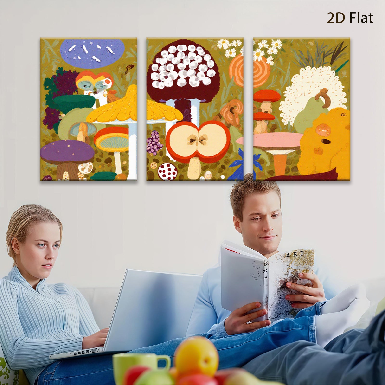 2D flat 1pc whimsical mushroom forest botanical illustration kids room nursery decor farmhouse wall art modern canvas prints cozy vibes