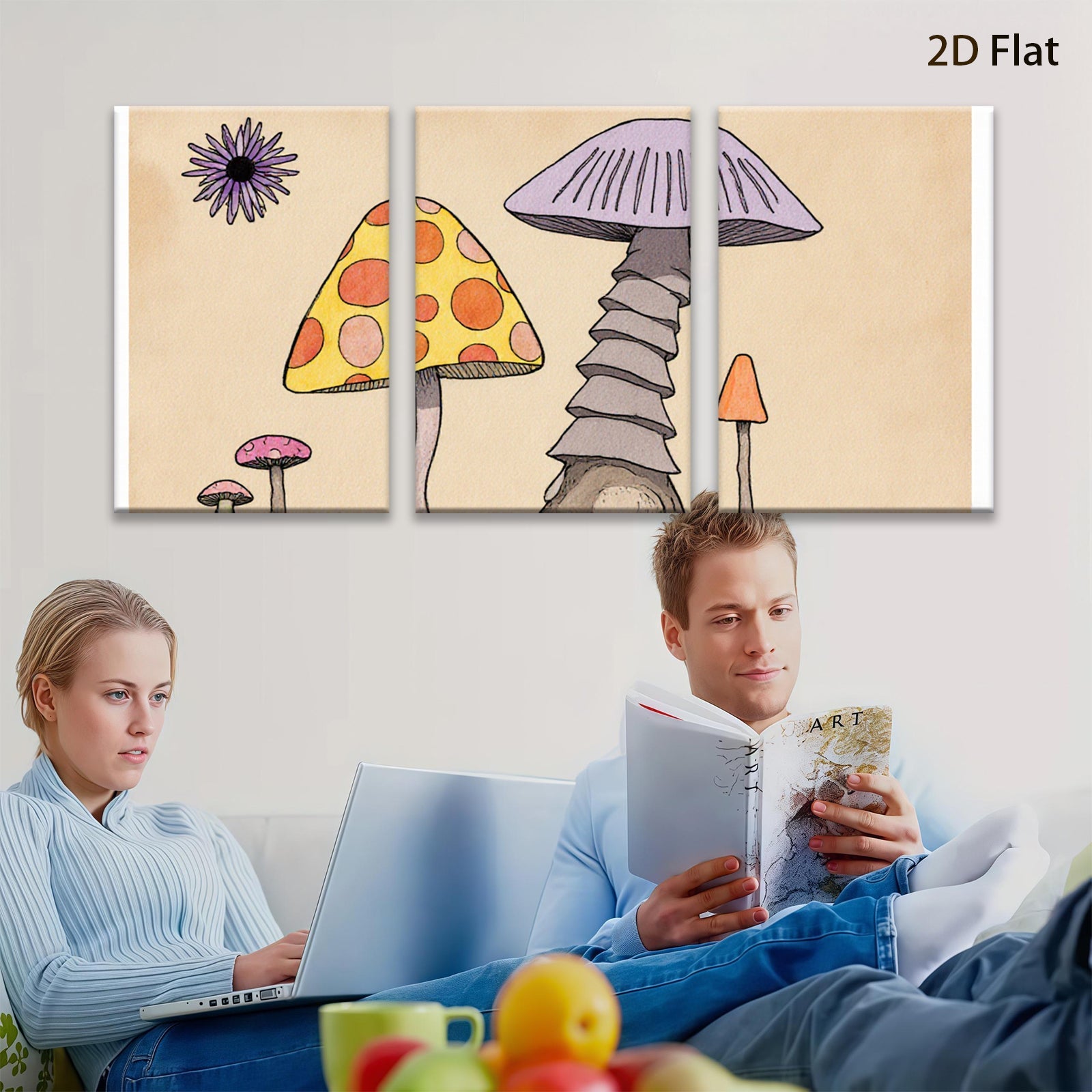 2D flat 1pc whimsical mushroom forest painting botanical wall art decor for living room bedroom gallery wrapped canvas prints farmhouse style cozy vibes