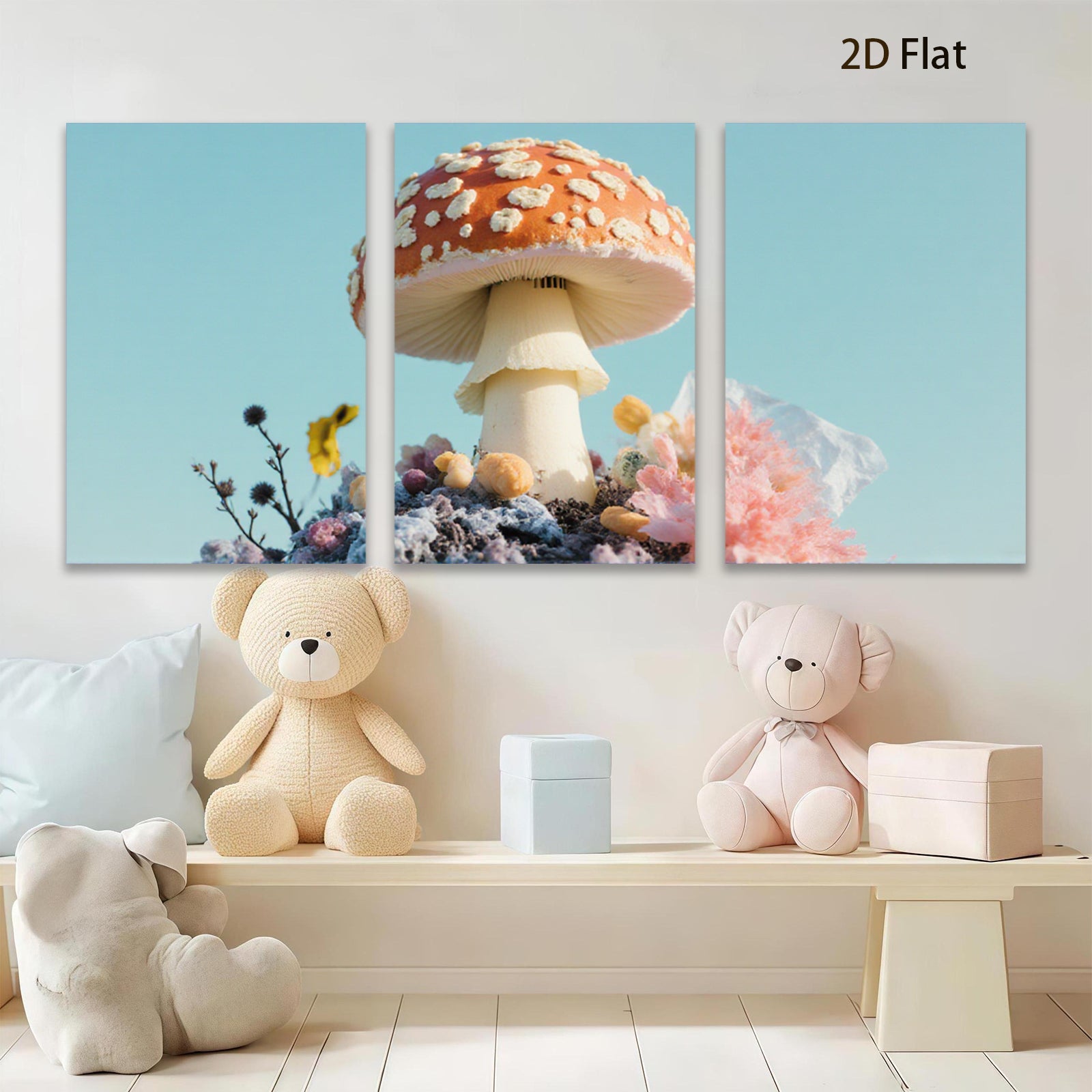 2D flat 1pc whimsical mushroom garden bloom botanical wall art decor farmhouse living room bedroom cozy vibes gallery wrapped canvas print