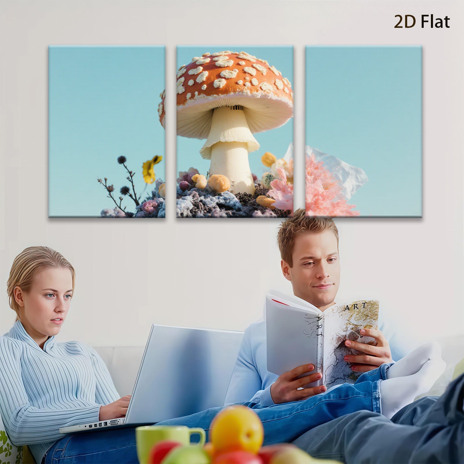 2D flat 1pc whimsical mushroom garden bloom botanical wall art decor farmhouse living room bedroom cozy vibes gallery wrapped canvas print