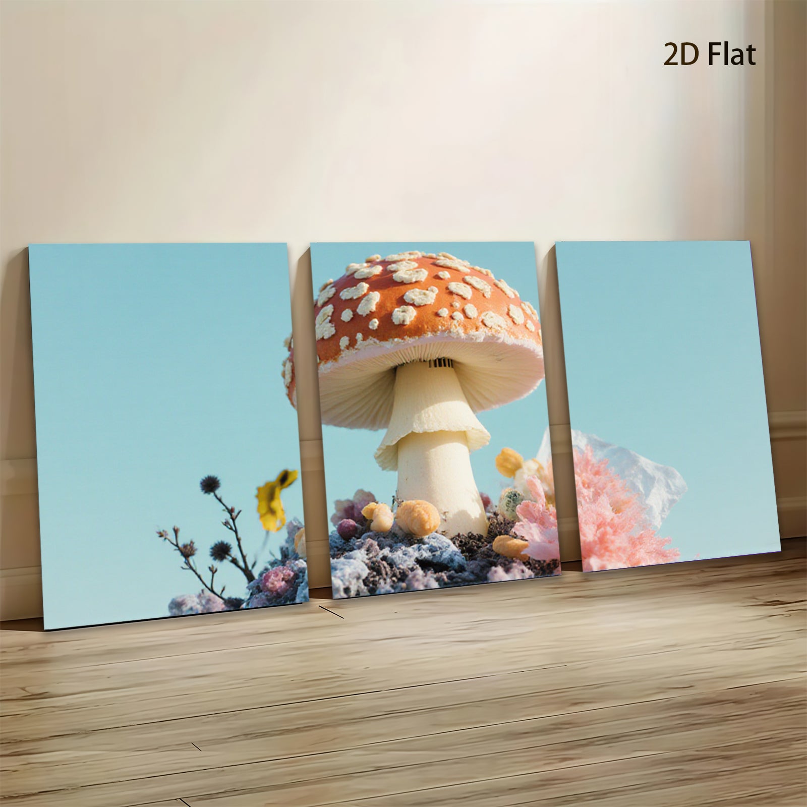 2D flat 1pc whimsical mushroom garden bloom botanical wall art decor farmhouse living room bedroom cozy vibes gallery wrapped canvas print