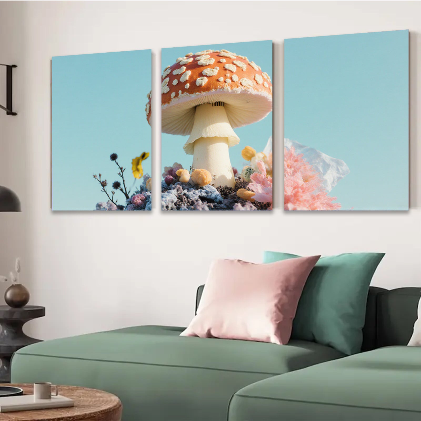2D flat 1pc whimsical mushroom garden bloom botanical wall art decor farmhouse living room bedroom cozy vibes gallery wrapped canvas print