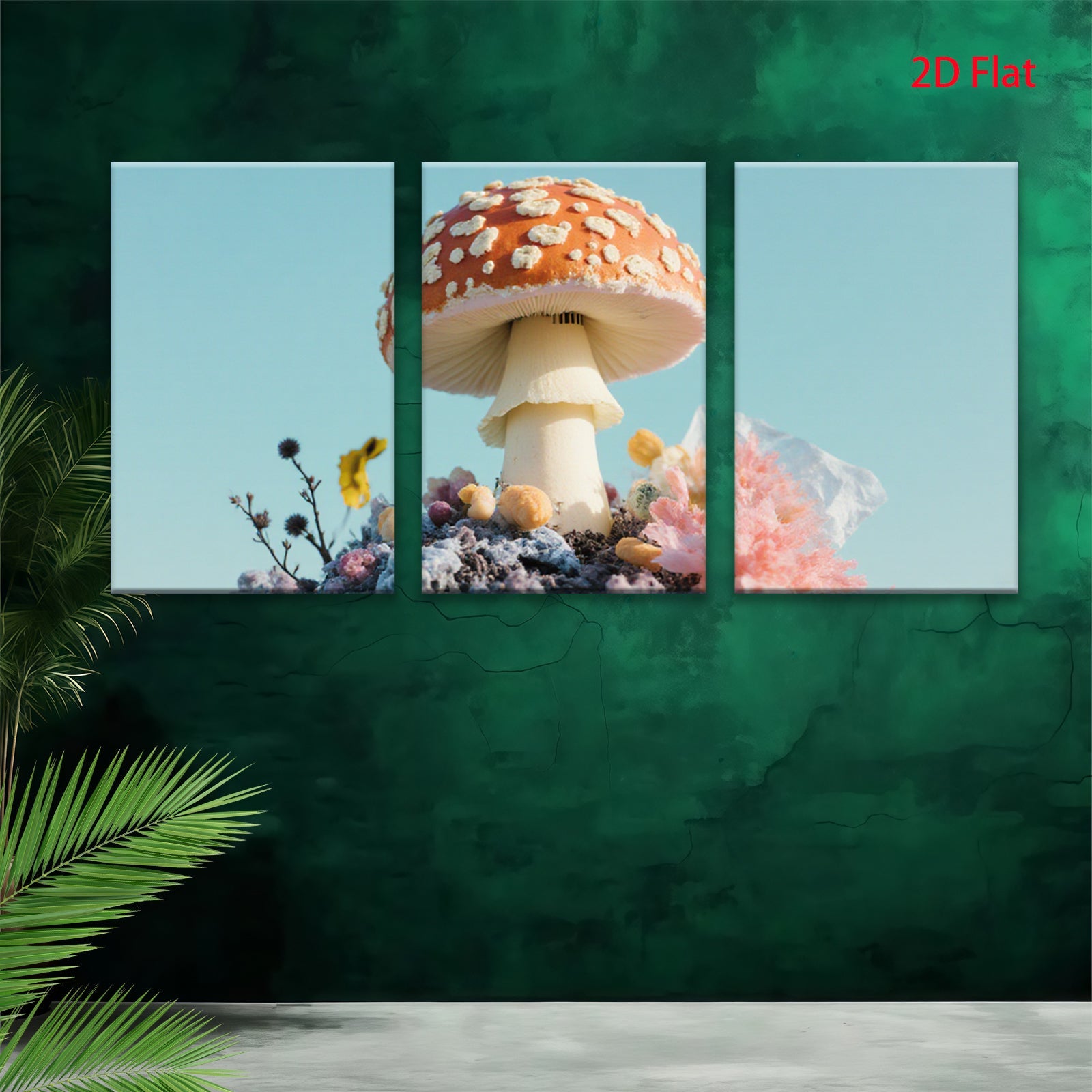 2D flat 1pc whimsical mushroom garden bloom botanical wall art decor farmhouse living room bedroom cozy vibes gallery wrapped canvas print