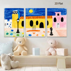 2D flat 1pc whimsical painted village scene cozy farmhouse decor living room bedroom gallery wall art modern minimalist farmhouse style