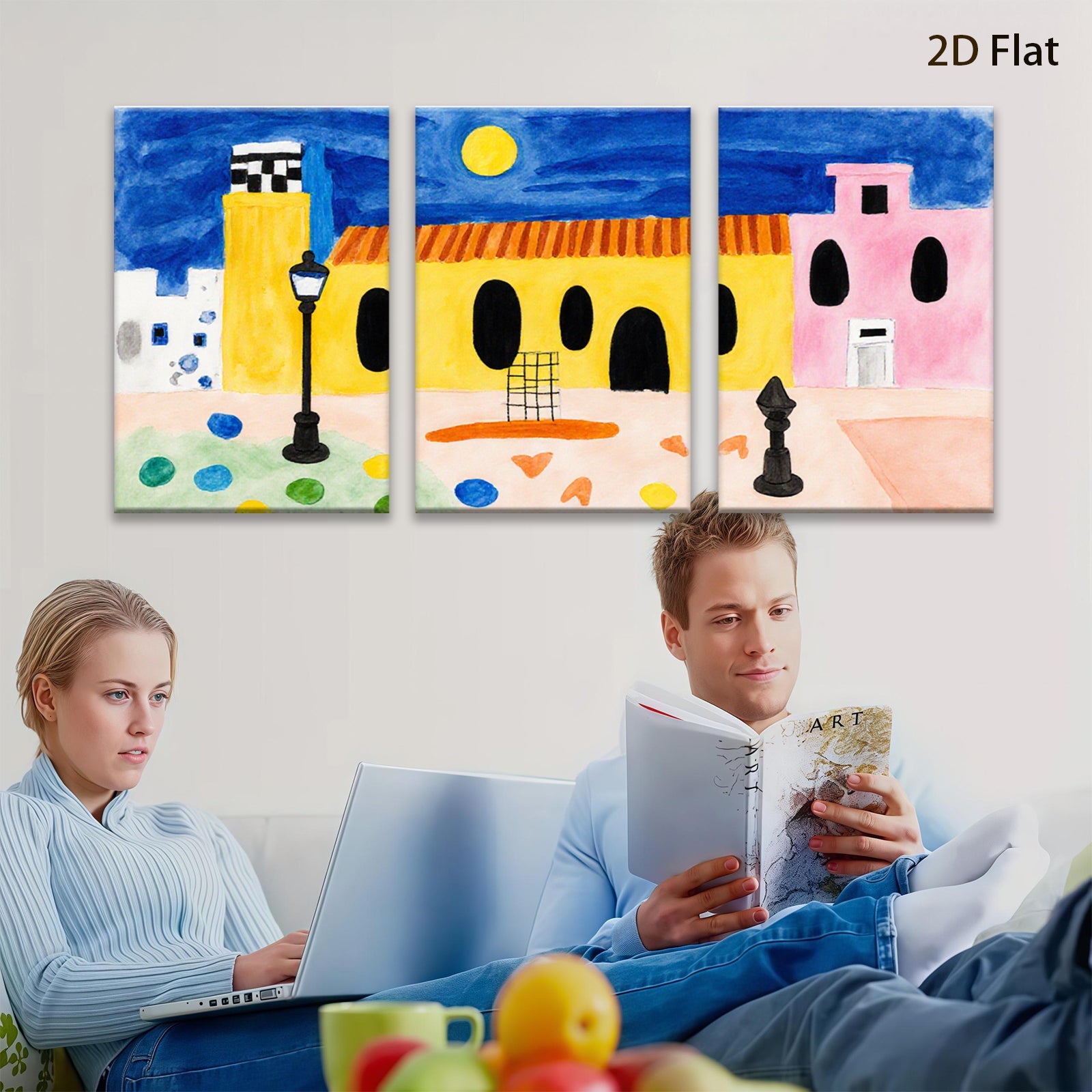 2D flat 1pc whimsical painted village scene cozy farmhouse decor living room bedroom gallery wall art modern minimalist farmhouse style