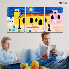 2D flat 1pc whimsical painted village scene cozy farmhouse decor living room bedroom gallery wall art modern minimalist farmhouse style