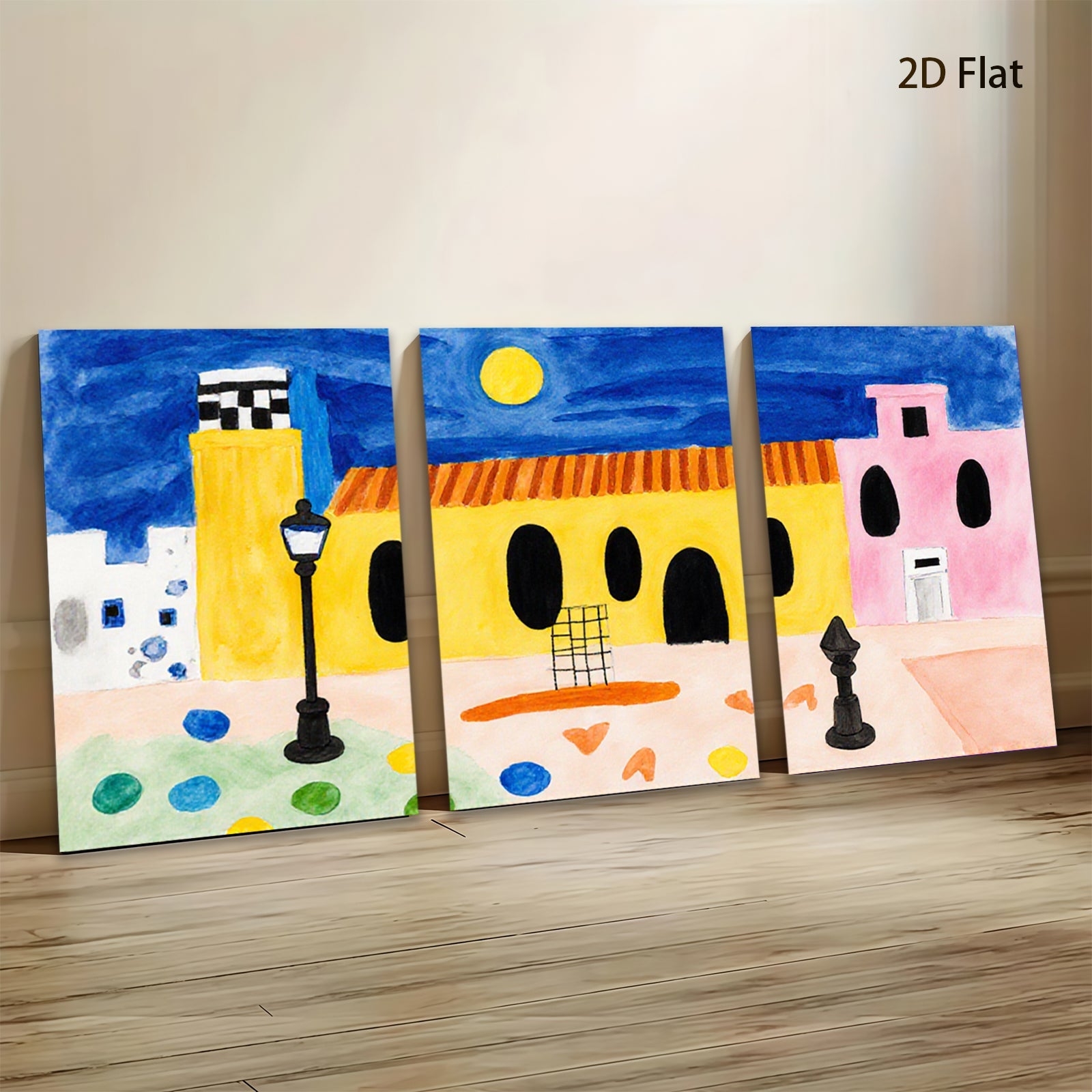 2D flat 1pc whimsical painted village scene cozy farmhouse decor living room bedroom gallery wall art modern minimalist farmhouse style