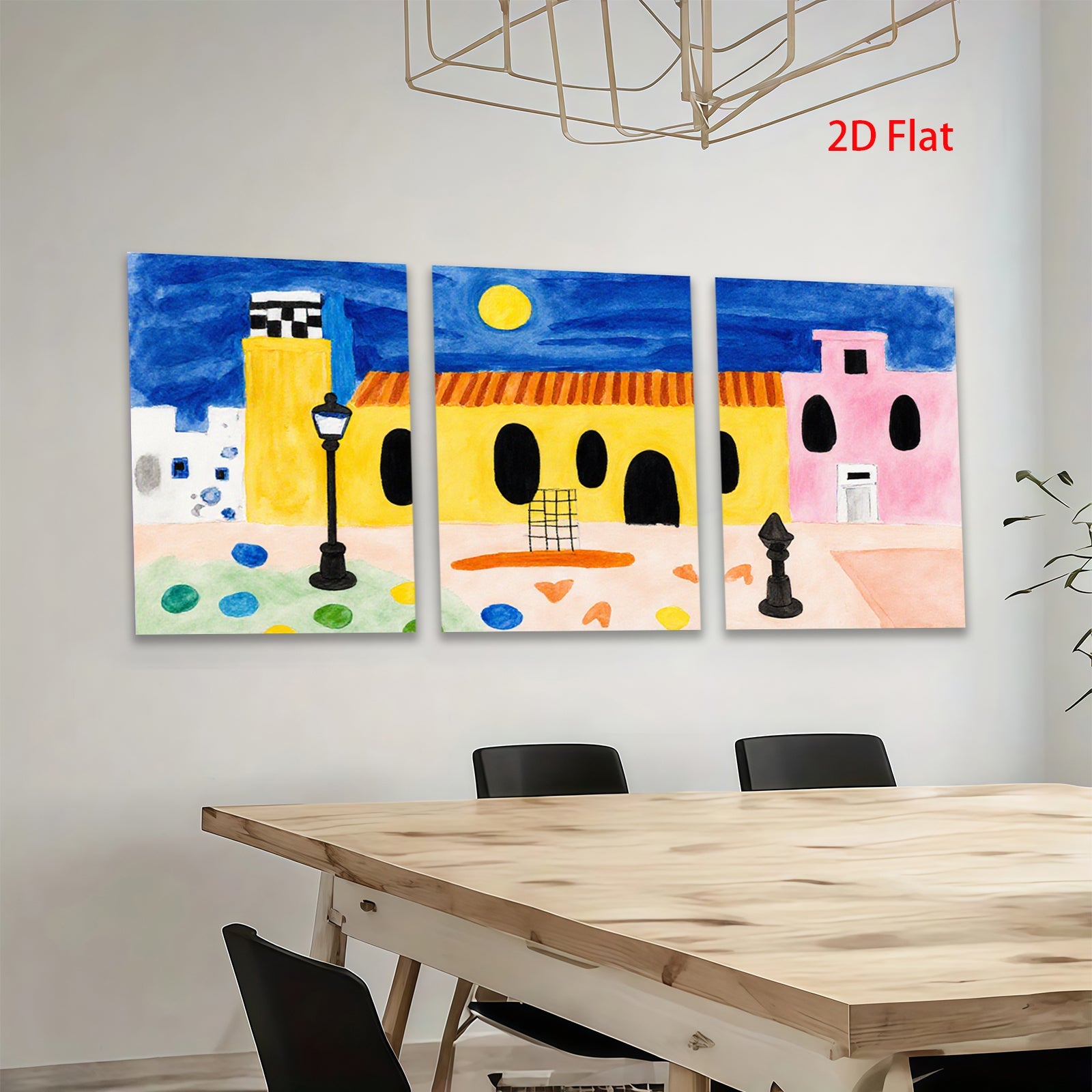 2D flat 1pc whimsical painted village scene cozy farmhouse decor living room bedroom gallery wall art modern minimalist farmhouse style