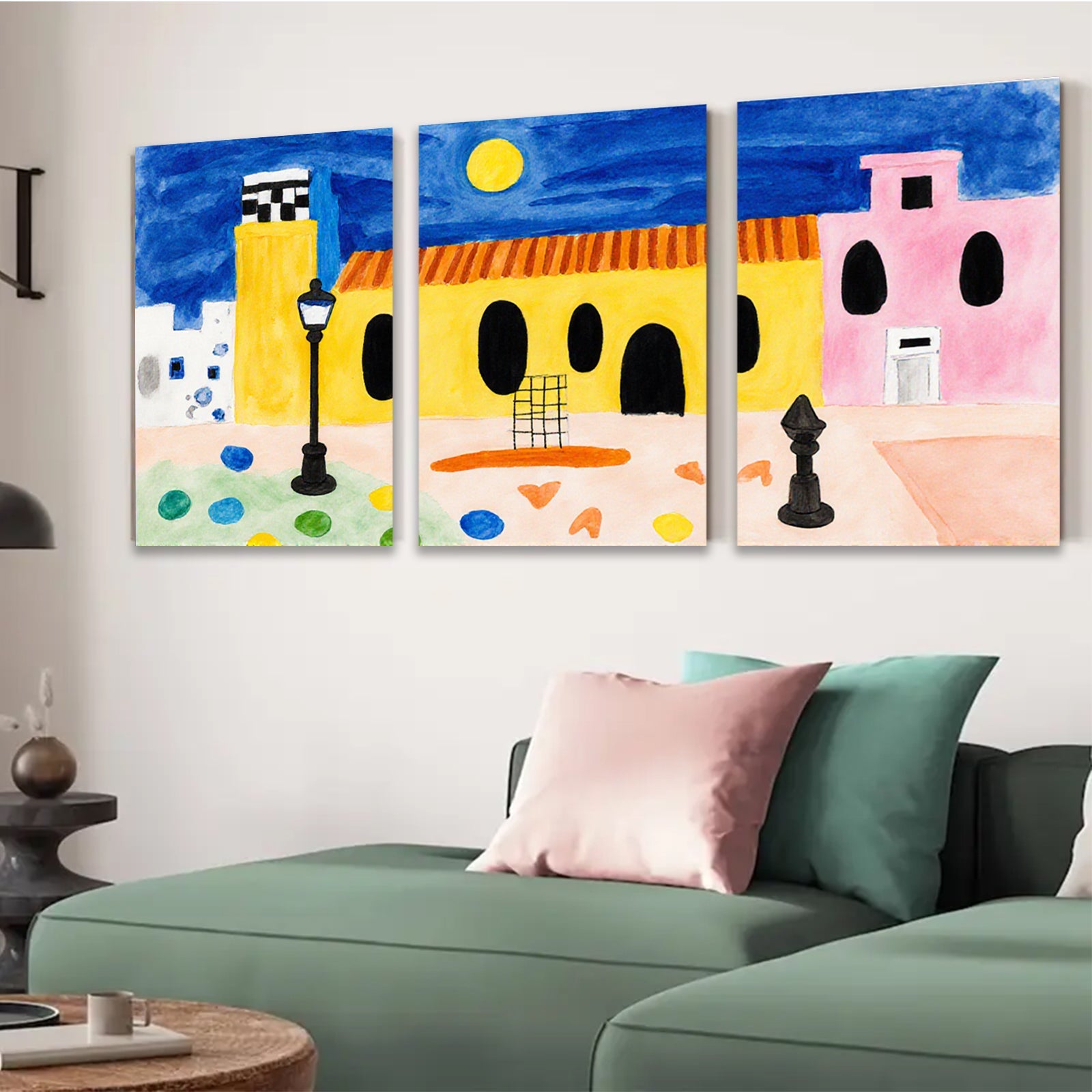 2D flat 1pc whimsical painted village scene cozy farmhouse decor living room bedroom gallery wall art modern minimalist farmhouse style