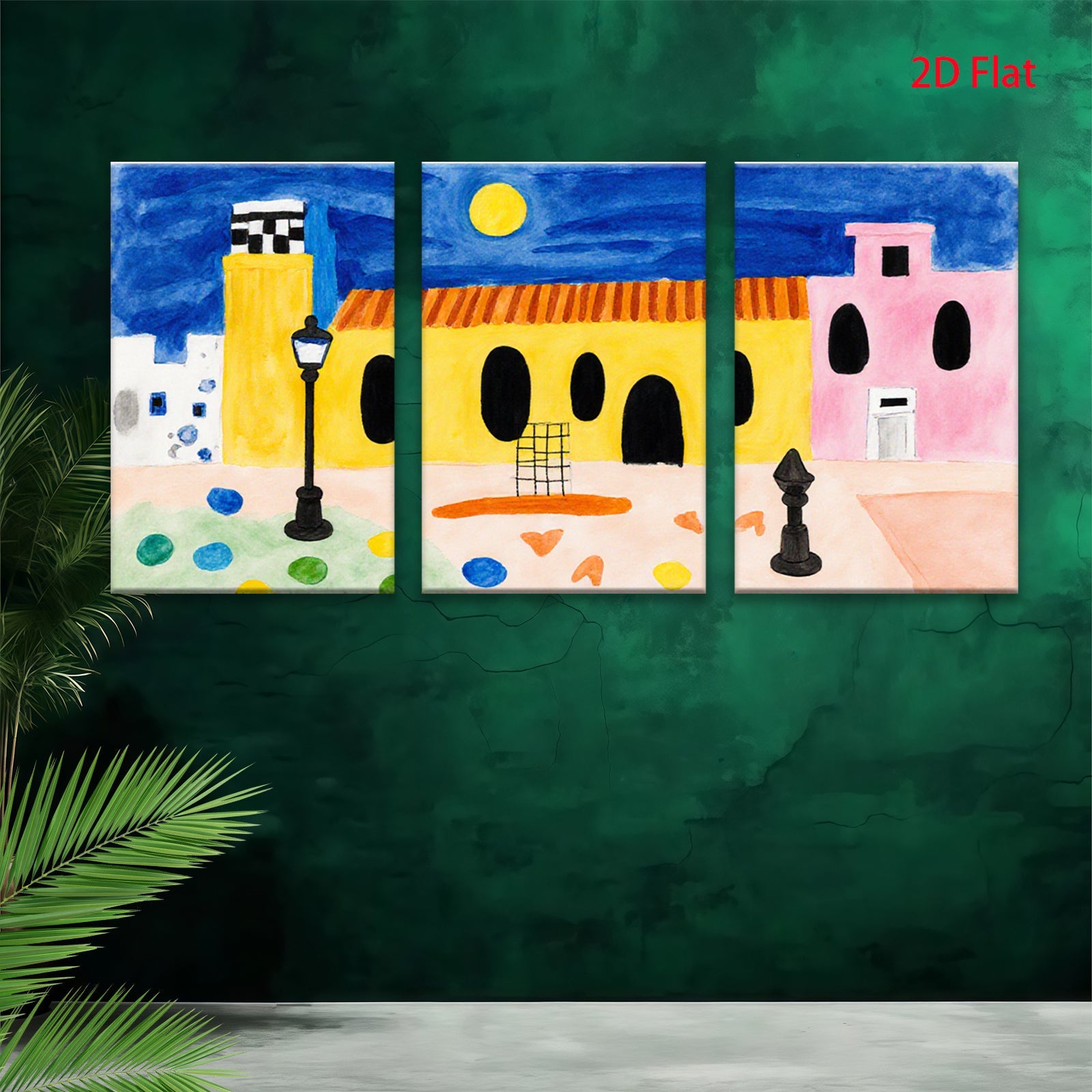 2D flat 1pc whimsical painted village scene cozy farmhouse decor living room bedroom gallery wall art modern minimalist farmhouse style