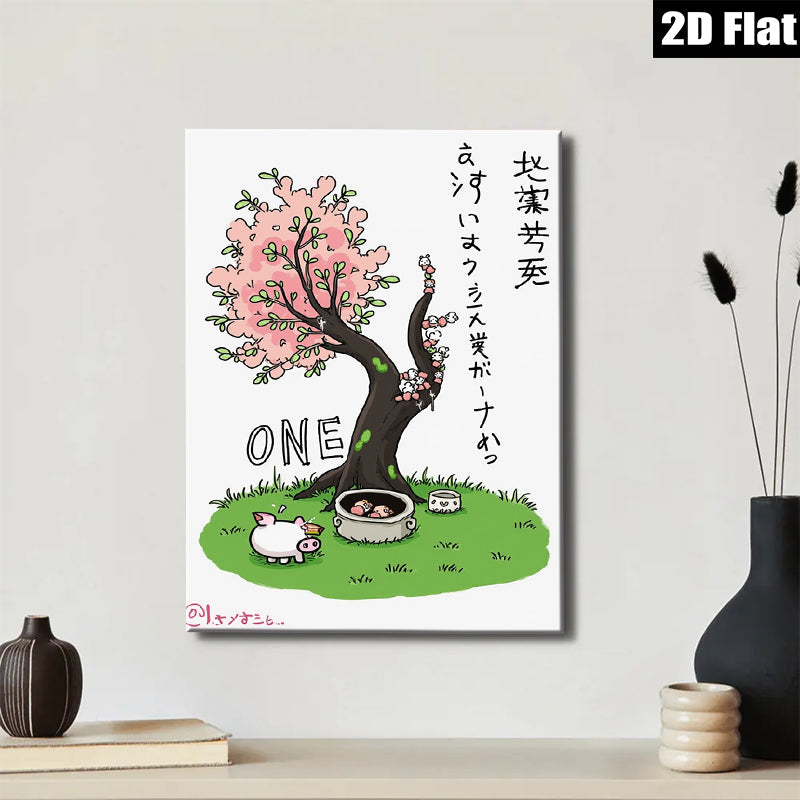 2D flat 1pc whimsical pig bathing under blooming cherry blossom tree wall art for bathroom kids room nursery decor farmhouse style modern minimalist aesthetic