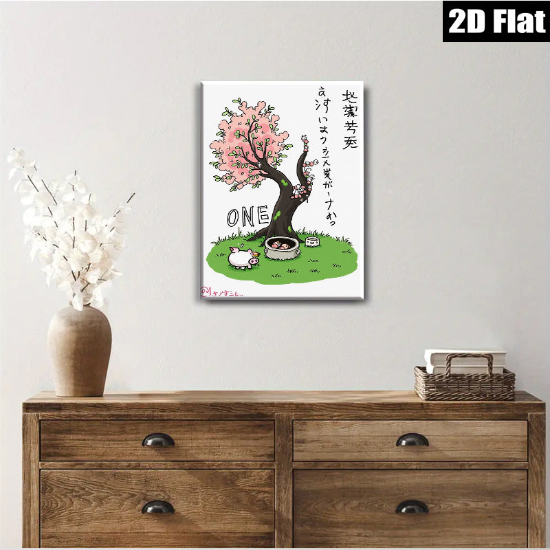 2D flat 1pc whimsical pig bathing under blooming cherry blossom tree wall art for bathroom kids room nursery decor farmhouse style modern minimalist aesthetic