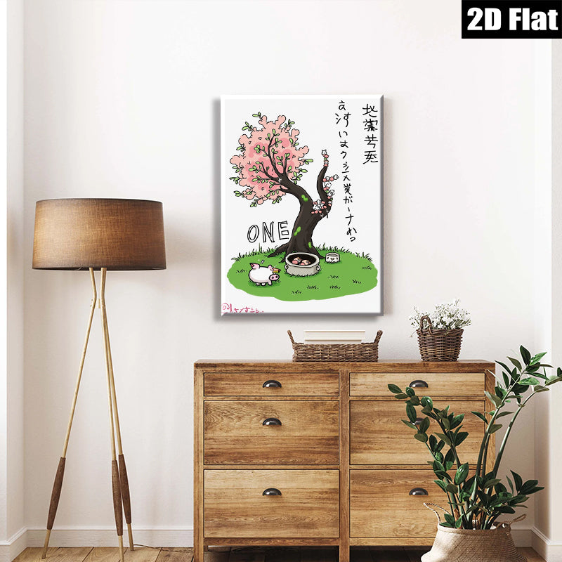 2D flat 1pc whimsical pig bathing under blooming cherry blossom tree wall art for bathroom kids room nursery decor farmhouse style modern minimalist aesthetic