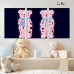 2D flat 1pc whimsical pink bear tattoo art wall decor kids room playroom modern farmhouse gallery wrapped canvas print cozy vibes